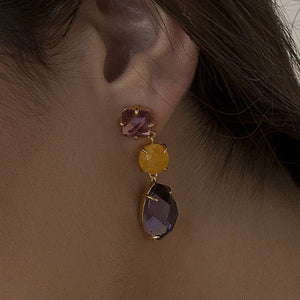 Pendientes largos de plata de ley 925 con baño de oro y cuarzos lavanda y naranja citrino, 40mm.