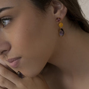 Pendientes largos de plata de ley 925 con baño de oro y cuarzos lavanda y naranja citrino, 40mm.