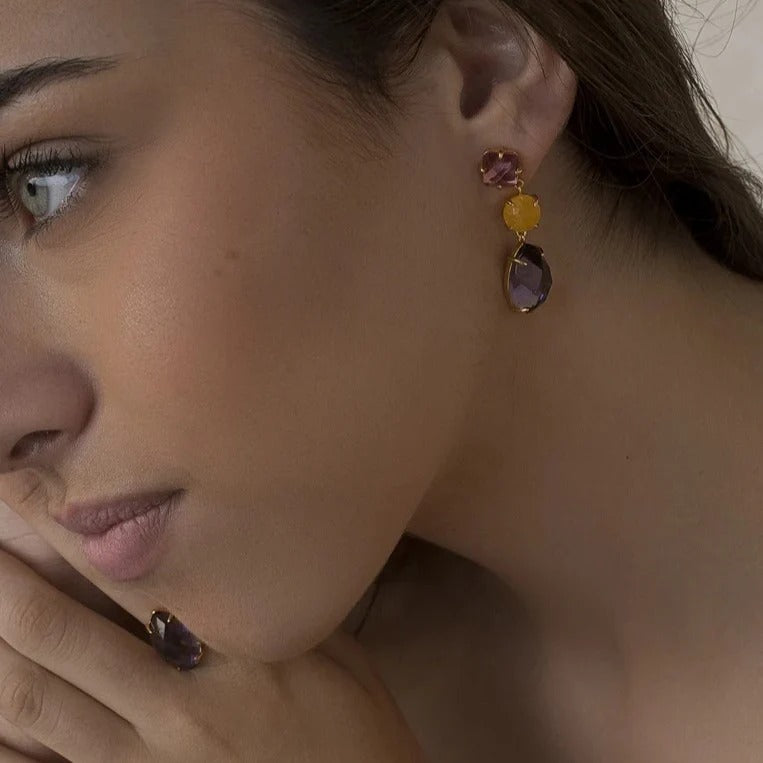 Pendientes largos de plata de ley 925 con baño de oro y cuarzos lavanda y naranja citrino, 40mm.