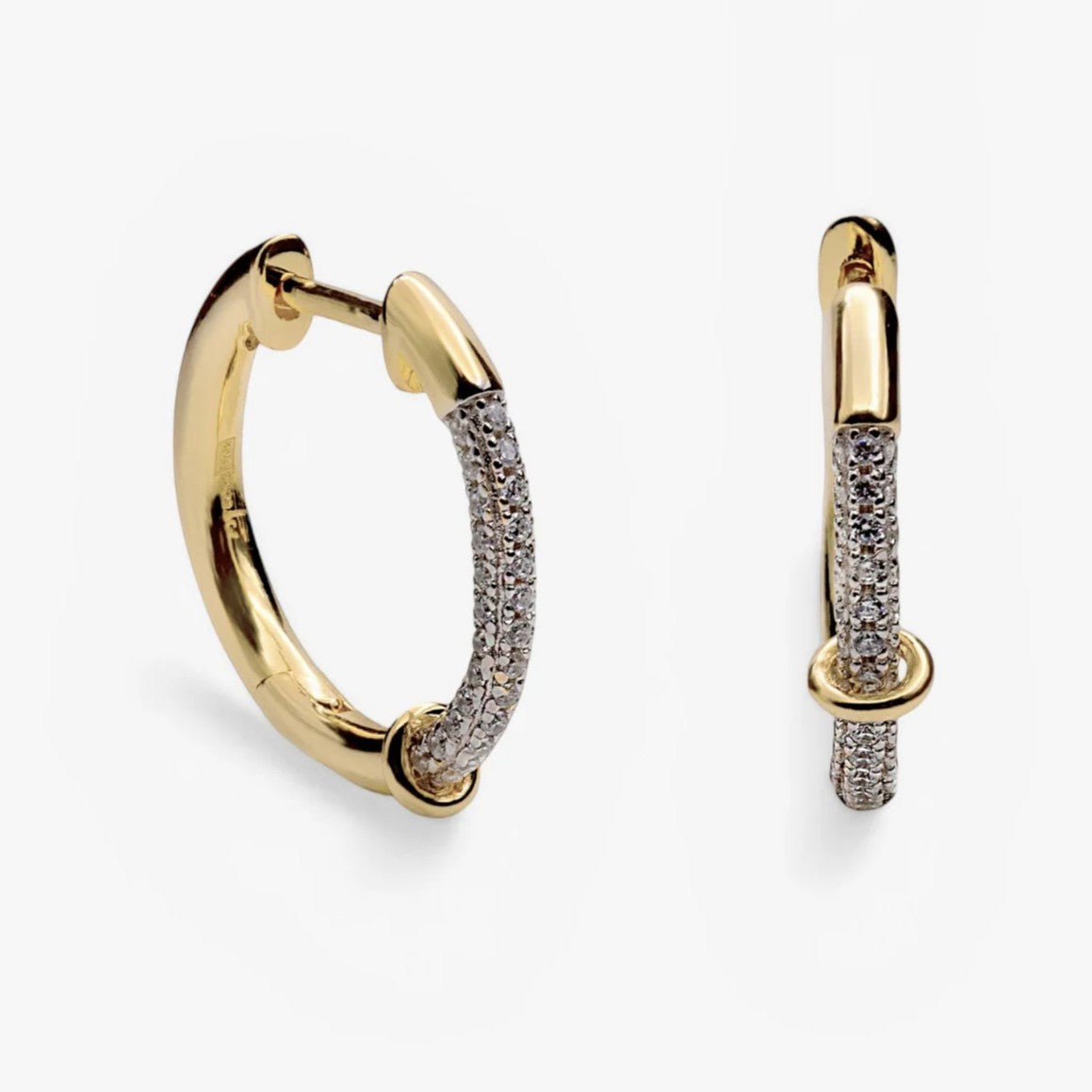Pendientes de aro de plata de ley 925 con baño de oro y circonitas blancas, 19,3mm x 19,3mm x 2,7mm.