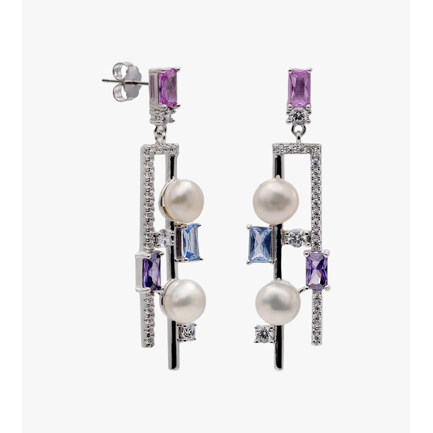 Pendientes largos de plata de ley 925 de doble diseño con perla barroca y piedras multicolor, 42mm.