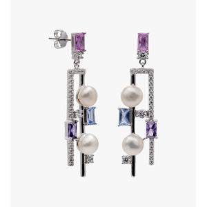 Pendientes largos de plata de ley 925 de doble diseño con perla barroca y piedras multicolor, 42mm.