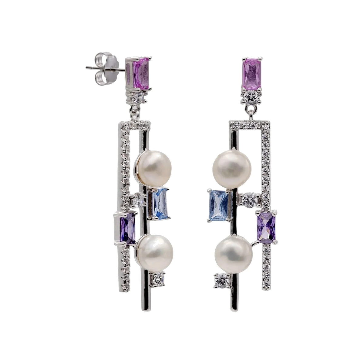 Pendientes largos de plata de ley 925 de doble diseño con perla barroca y piedras multicolor, 42mm.