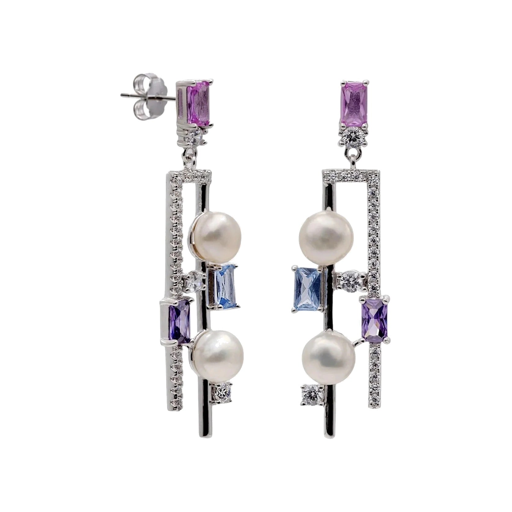 Pendientes largos de plata de ley 925 de doble diseño con perla barroca y piedras multicolor, 42mm.