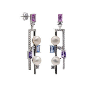 Pendientes largos de plata de ley 925 de doble diseño con perla barroca y piedras multicolor, 42mm.