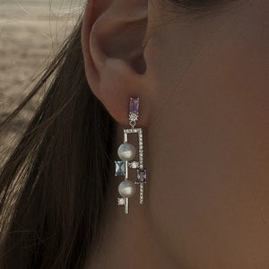Pendientes largos de plata de ley 925 de doble diseño con perla barroca y piedras multicolor, 42mm.