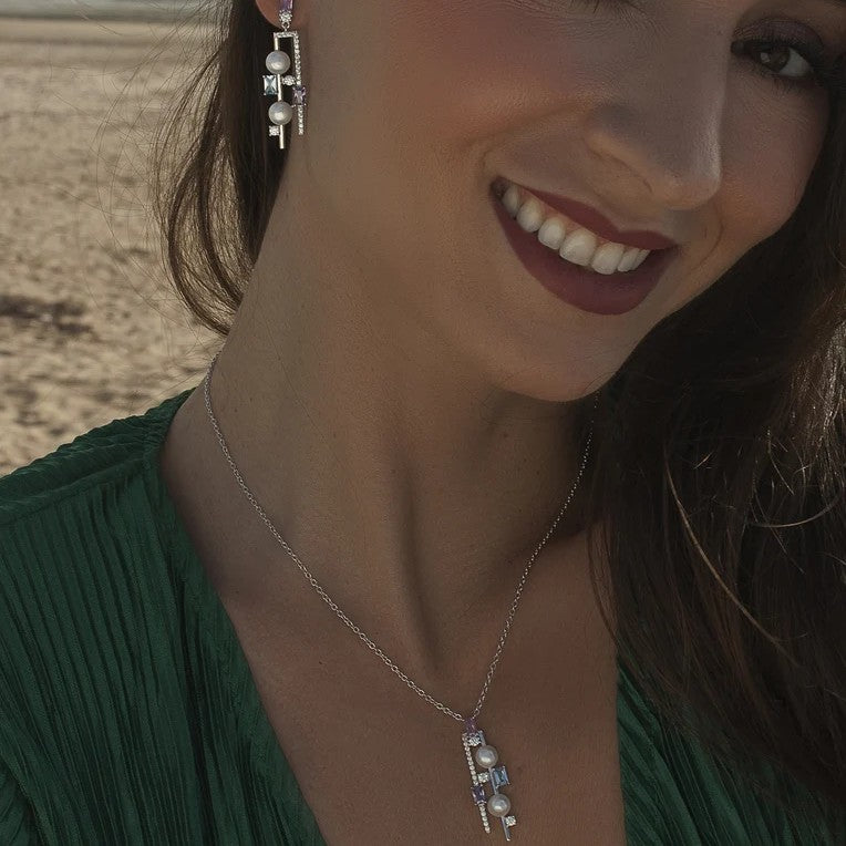 Pendientes largos de plata de ley 925 de doble diseño con perla barroca y piedras multicolor, 42mm.