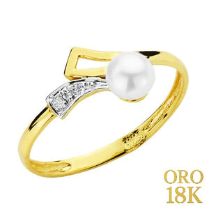 Anillo de oro de ley 18k bicolor para niña de comunión con circonitas y perla de 4mm