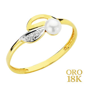 Anillo de oro de ley 18k bicolor para niña de comunión con perla y hoja con circonitas. El motivo de la hoja y la perla mide 3,5mm