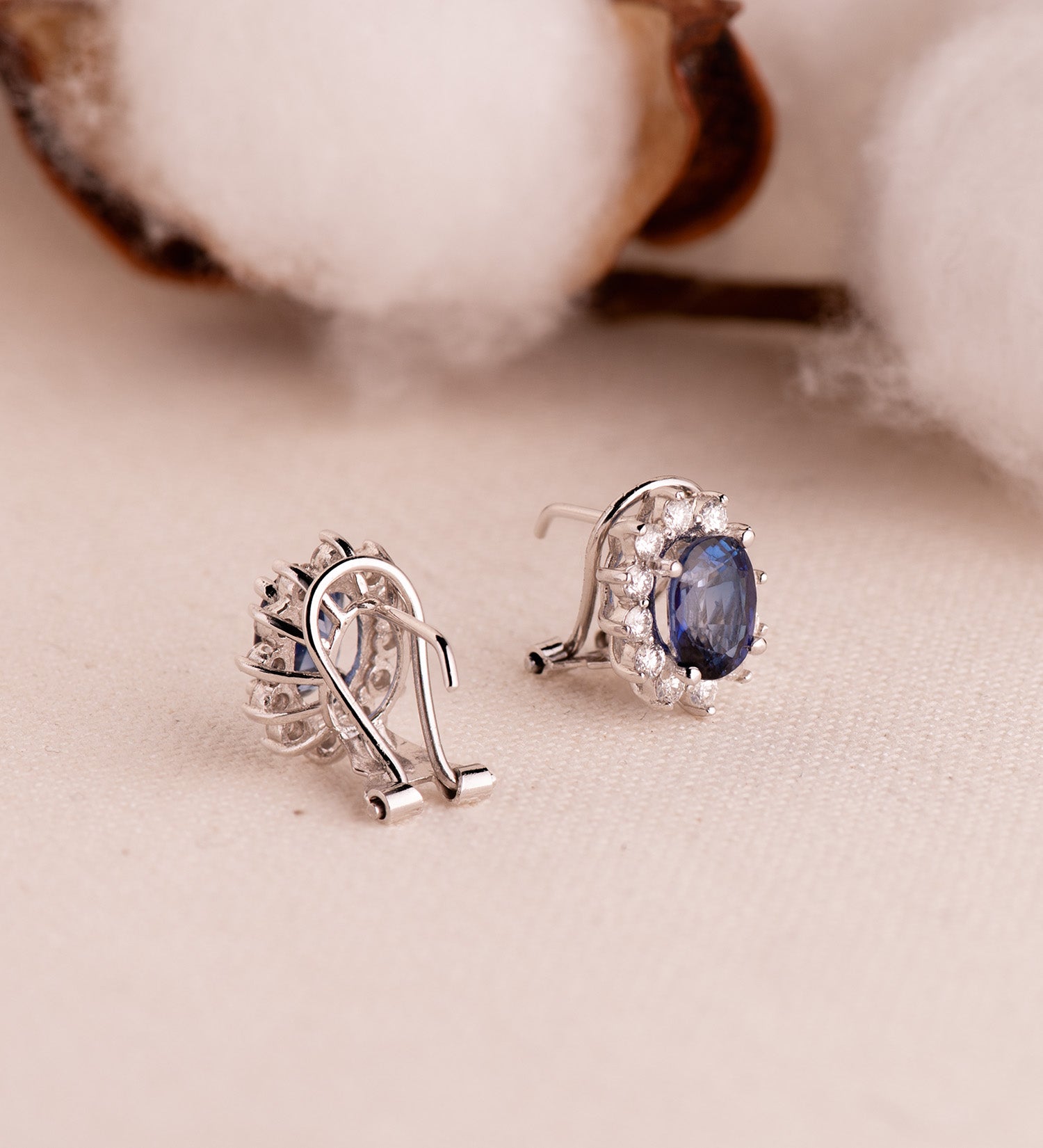 18k gold sapphire omega diamond earrings
