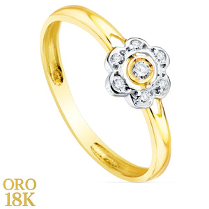 Anillo de oro de ley 18k bicolor para niña de comunión con motivo de flor con circonitas