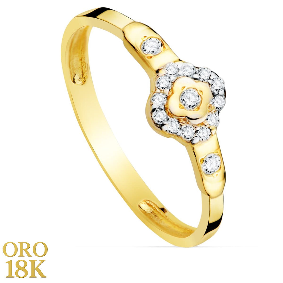Anillo de oro de ley 18k bicolor para niña de comunión rombo con circonitas. El rombo mide 6x6mm y el aro 1,5mm