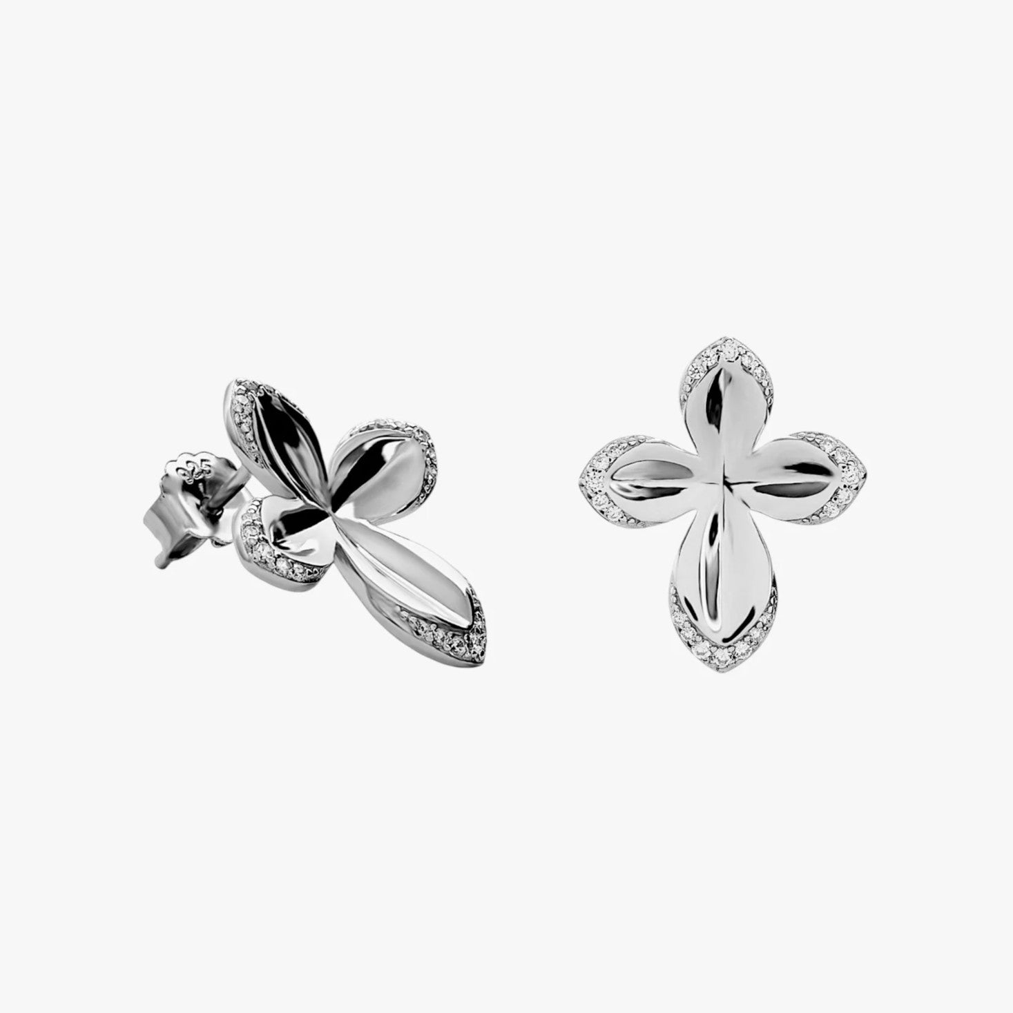 Pendientes de plata de ley 925 con flor de cuatro pétalos y circonitas blancas, 18,7mm.