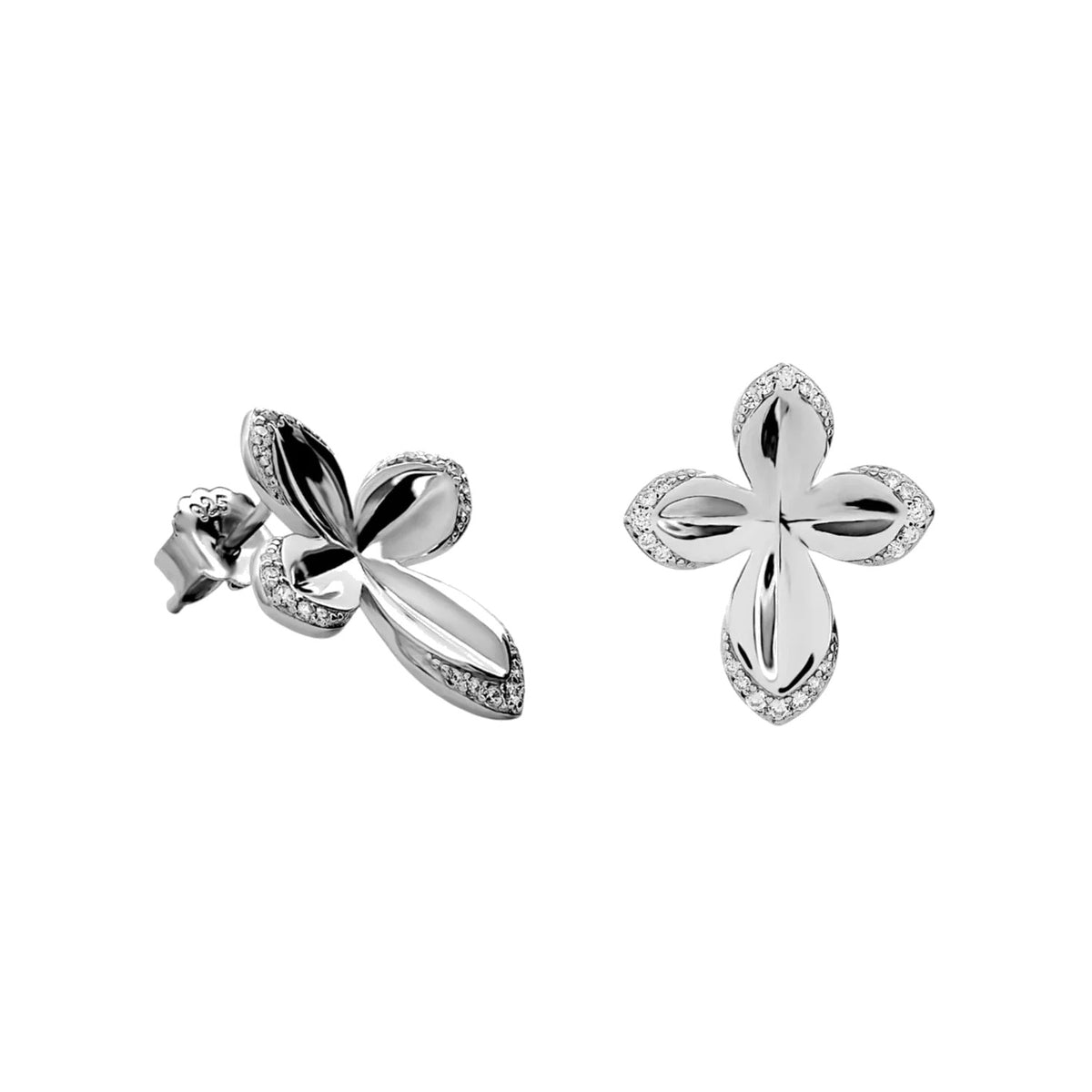 Pendientes de plata de ley 925 con flor de cuatro pétalos y circonitas blancas, 18,7mm.