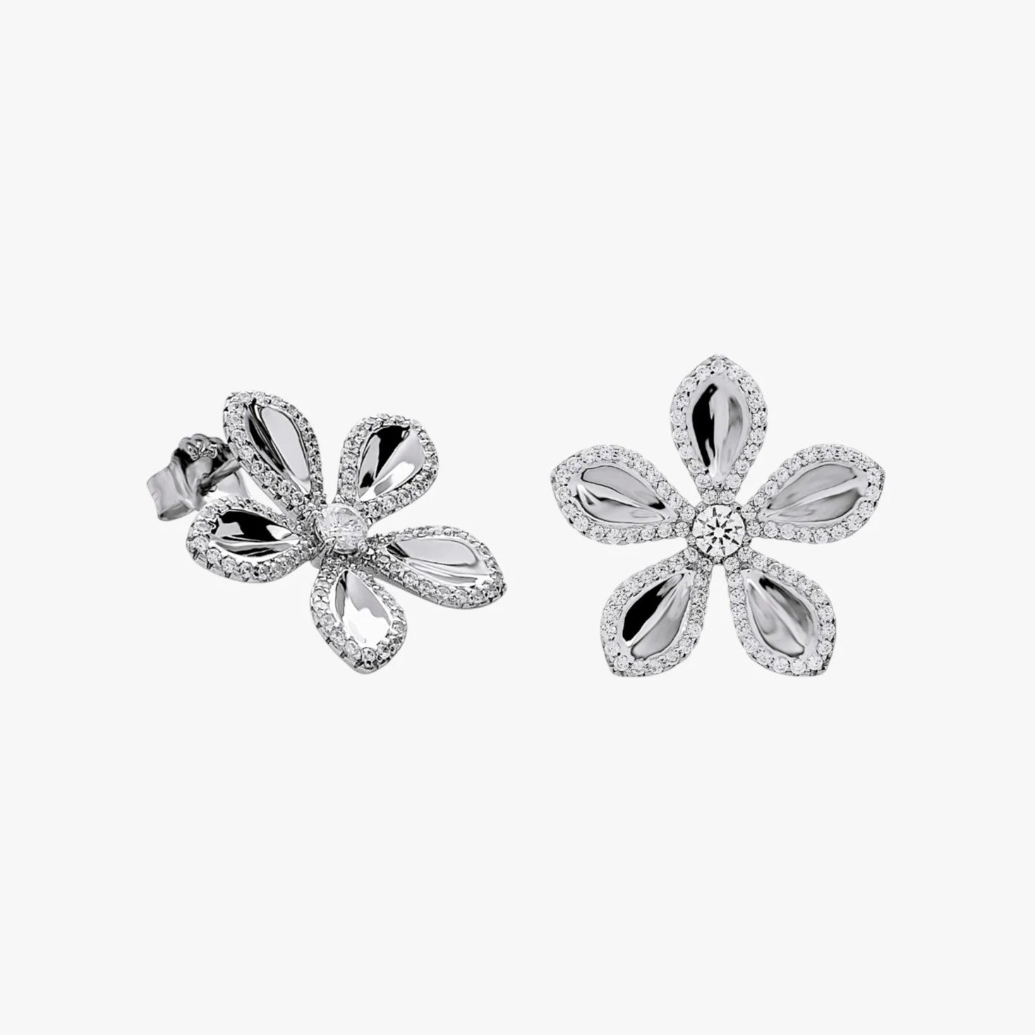 Pendientes de plata de ley 925 con flor de cinco pétalos y circonitas blancas, 19,5mm.
