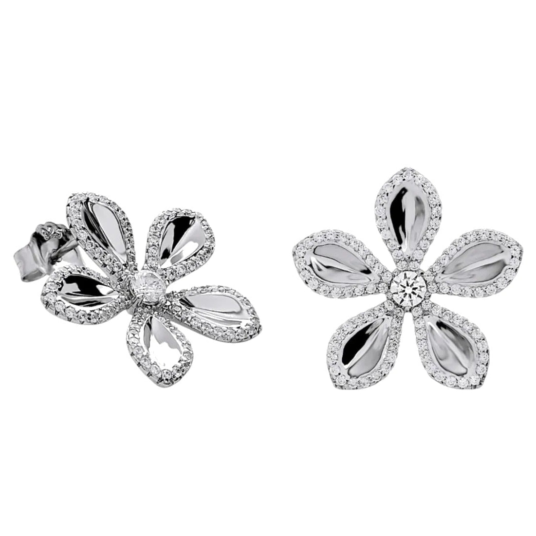 Pendientes de plata de ley 925 con flor de cinco pétalos y circonitas blancas, 19,5mm.