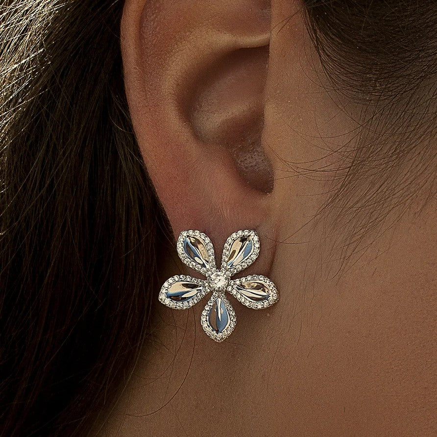 Pendientes de plata de ley 925 con flor de cinco pétalos y circonitas blancas, 19,5mm.