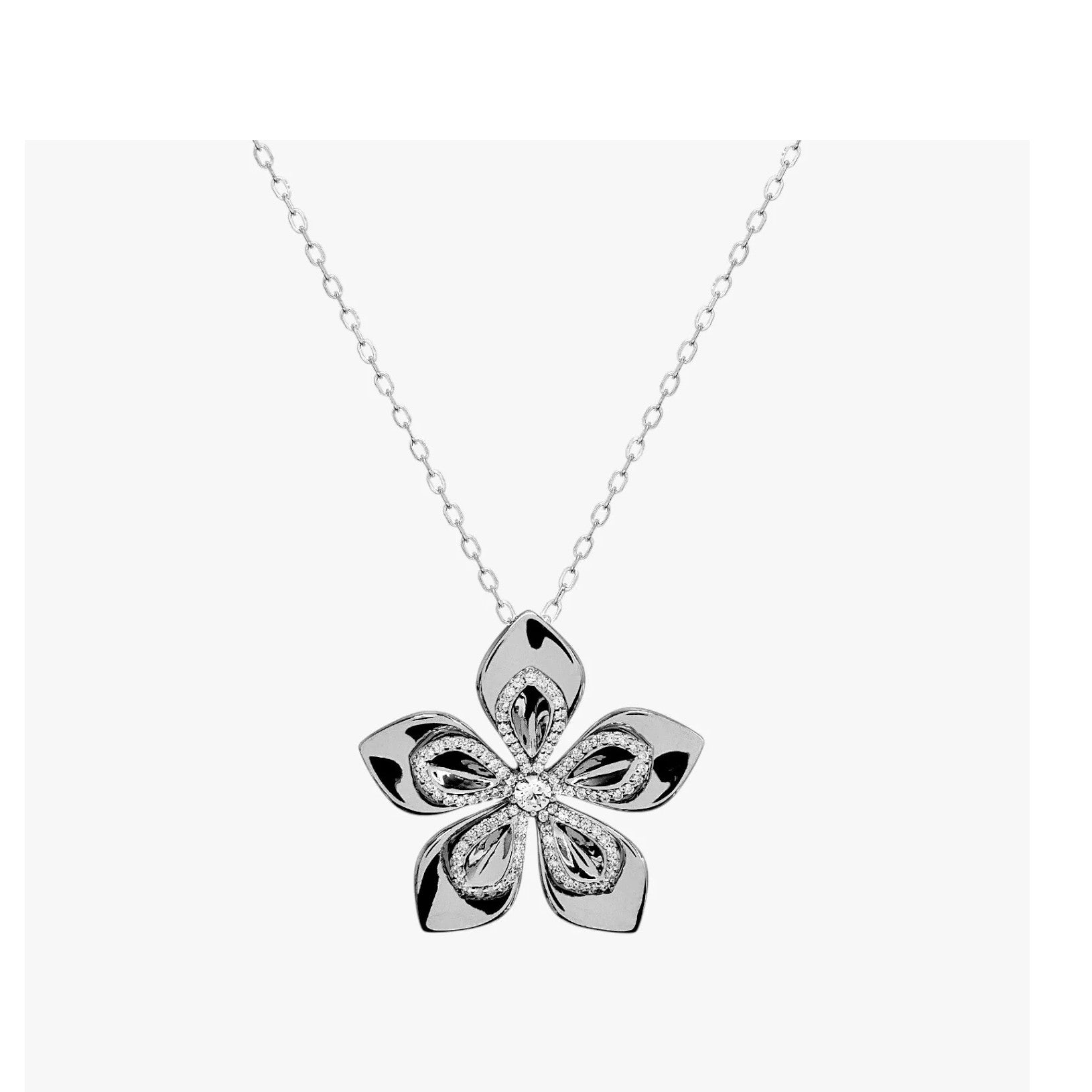 Collar de plata de ley 925 con colgante de flor doble de cinco pétalos y circonitas blancas, cadena de 42cm.