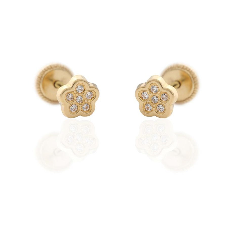 Pendientes de oro amarillo de 9 quilates con forma de flor y circonitas