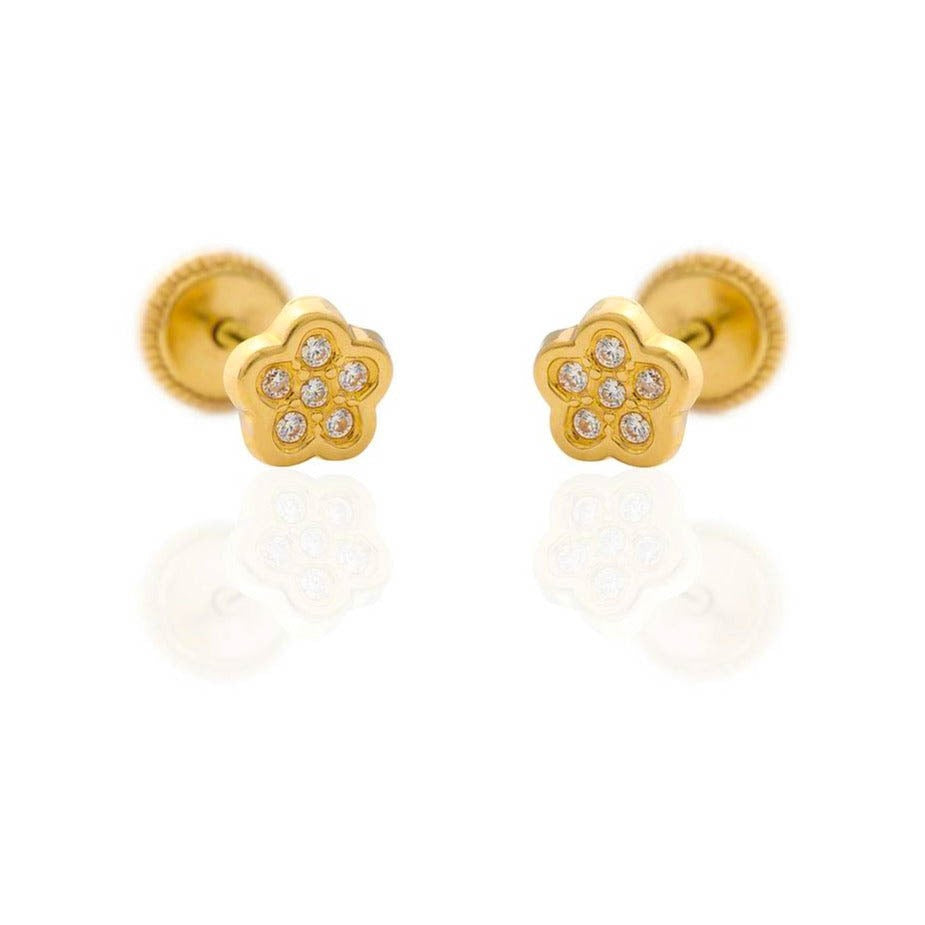 Pendientes de oro amarillo de 9 quilates con forma de flor y circonitas