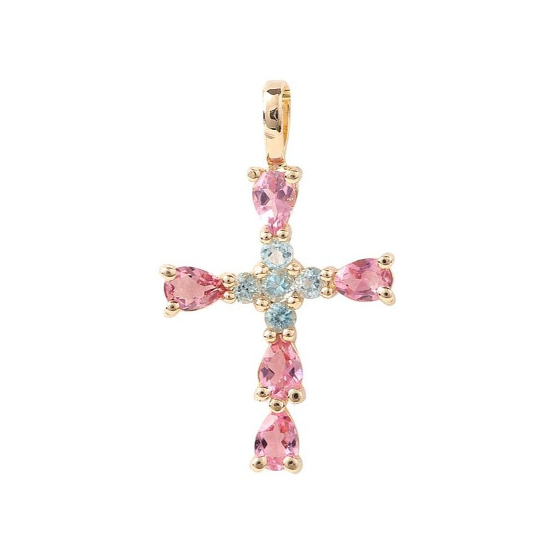 Cruz de oro amarillo de 18 quilates con piedras de colores