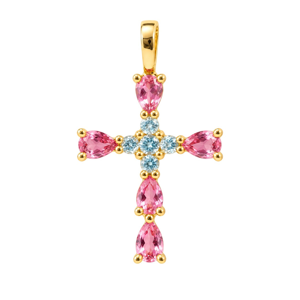 Cruz de oro amarillo de 18 quilates con piedras de colores