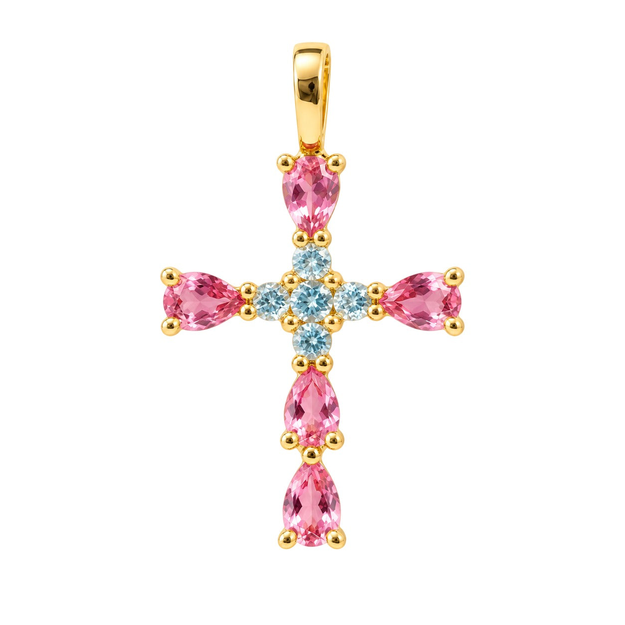 Cruz de oro amarillo de 18 quilates con piedras de colores