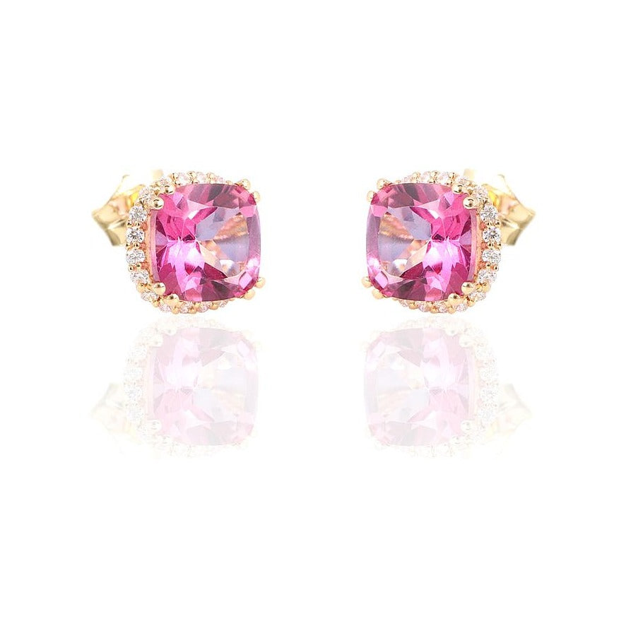 Pendientes de oro amarillo de 18 quilates con orla de circonitas y topacio rosa