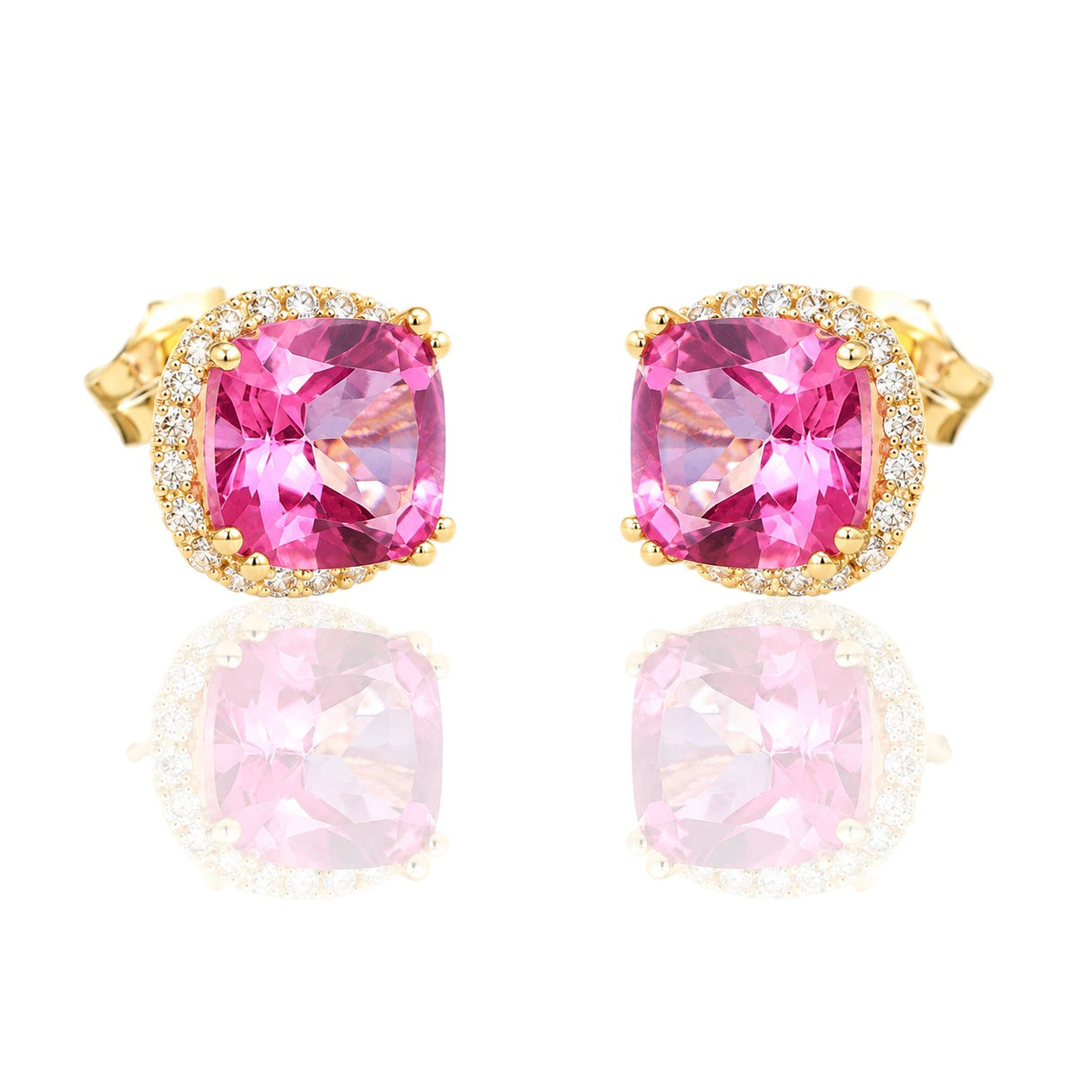 Pendientes de oro amarillo de 18 quilates con orla de circonitas y topacio rosa