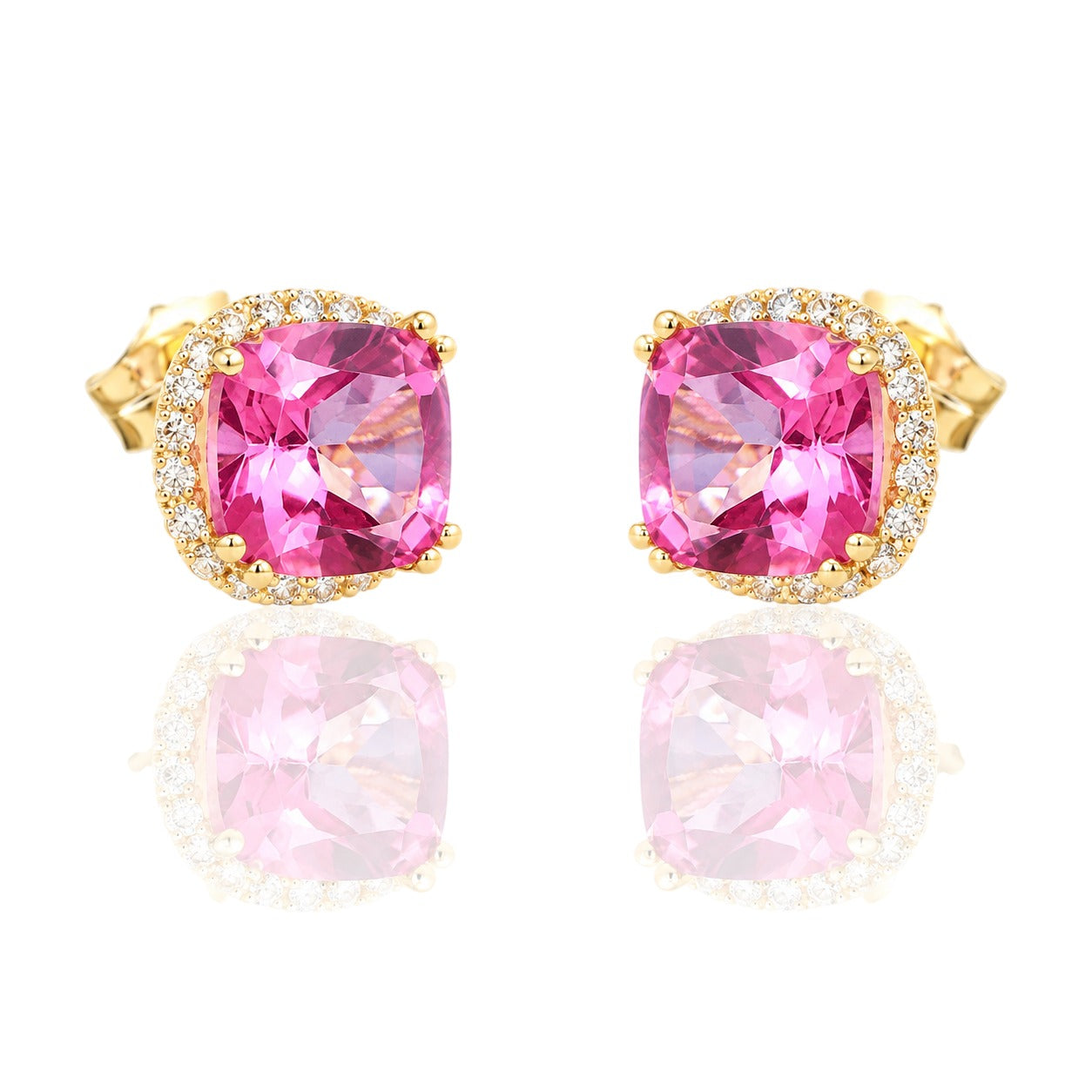Pendientes de oro amarillo de 18 quilates con orla de circonitas y topacio rosa