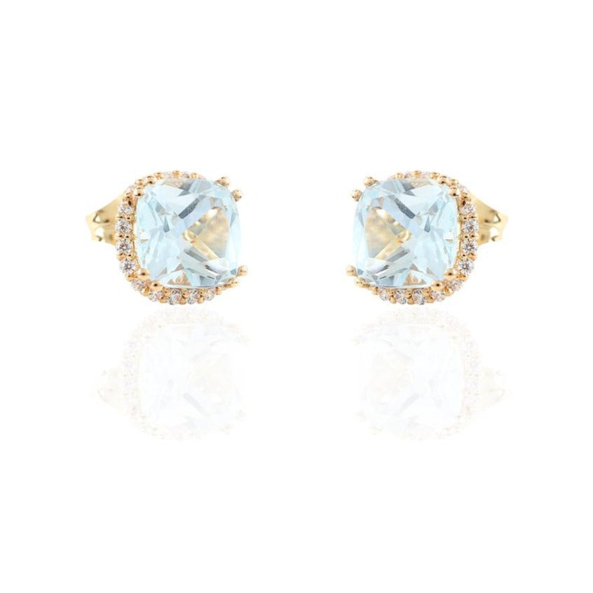 Pendientes de oro amarillo de 18 quilates con orla de circonitas y topacio azul