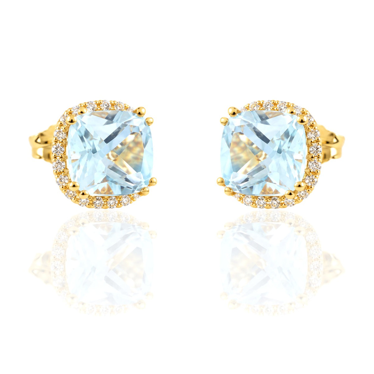 Pendientes de oro amarillo de 18 quilates con orla de circonitas y topacio azul