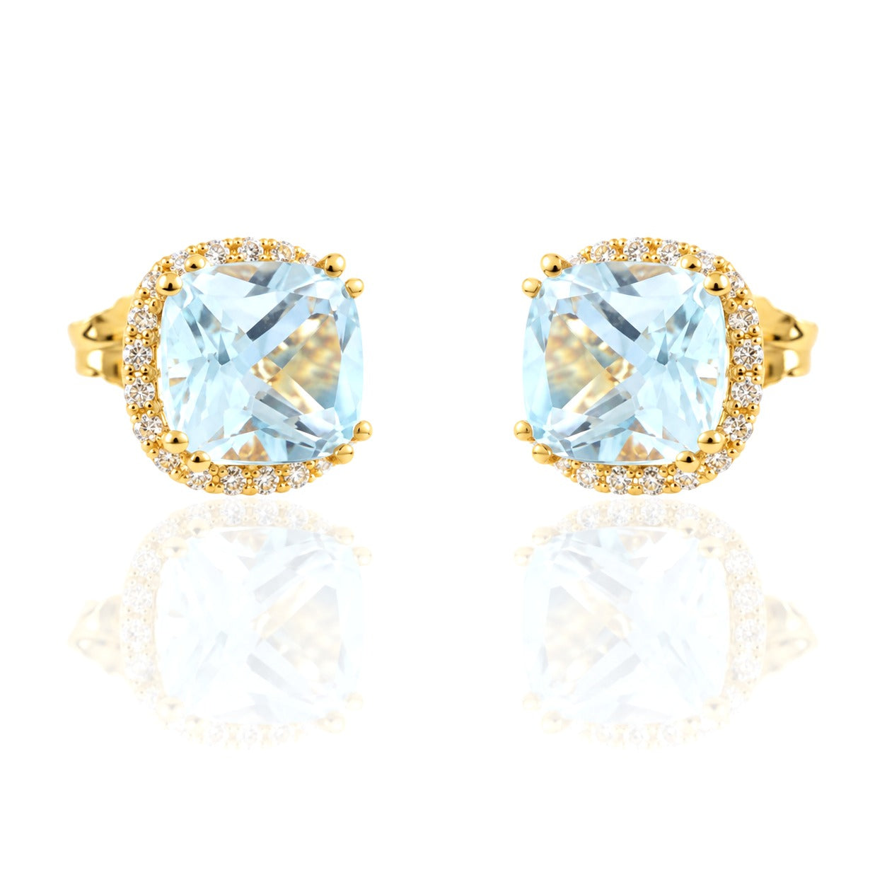 Pendientes de oro amarillo de 18 quilates con orla de circonitas y topacio azul