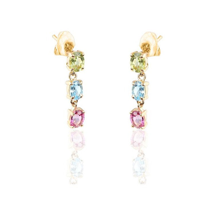 Pendientes largos de oro amarillo de 18 quilates con piedras semipreciosas