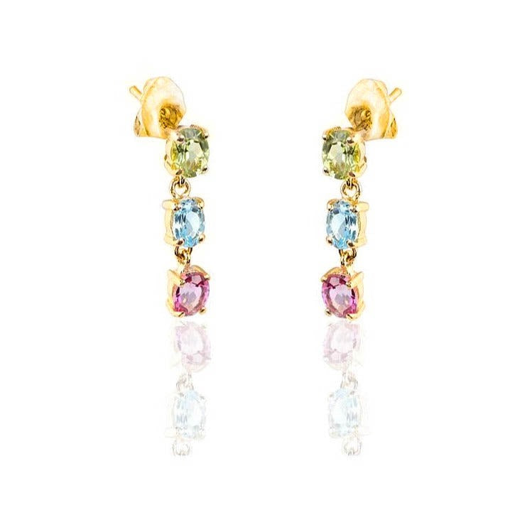 Pendientes largos de oro amarillo de 18 quilates con piedras semipreciosas