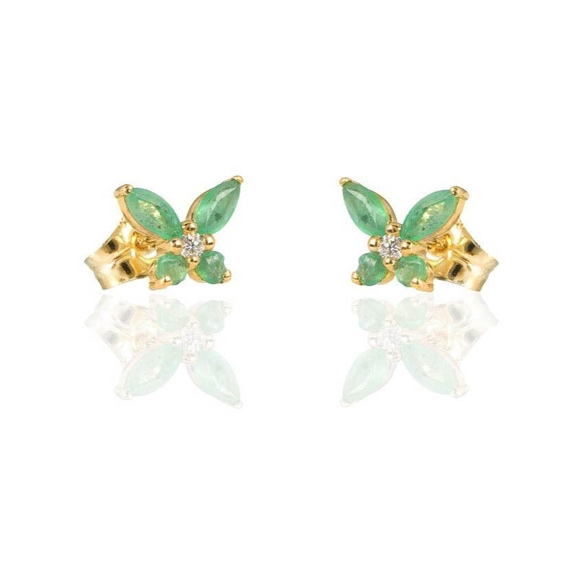 Pendientes de oro amarillo de 18 quilates en forma de mariposa de esmeraldas