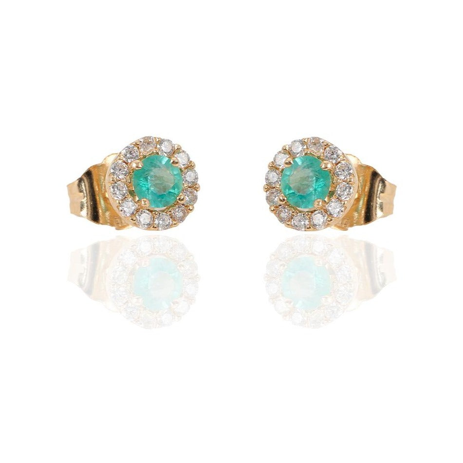 Pendientes de oro amarillo de 18 quilates con orla de circonitas y esmeralda fina