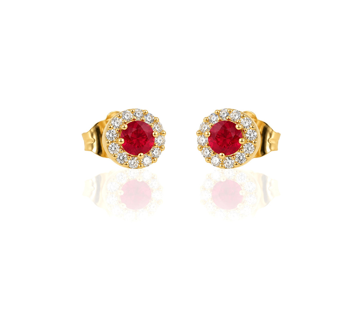 Pendientes de oro amarillo de 18 quilates con orla de circonitas y rubí fino