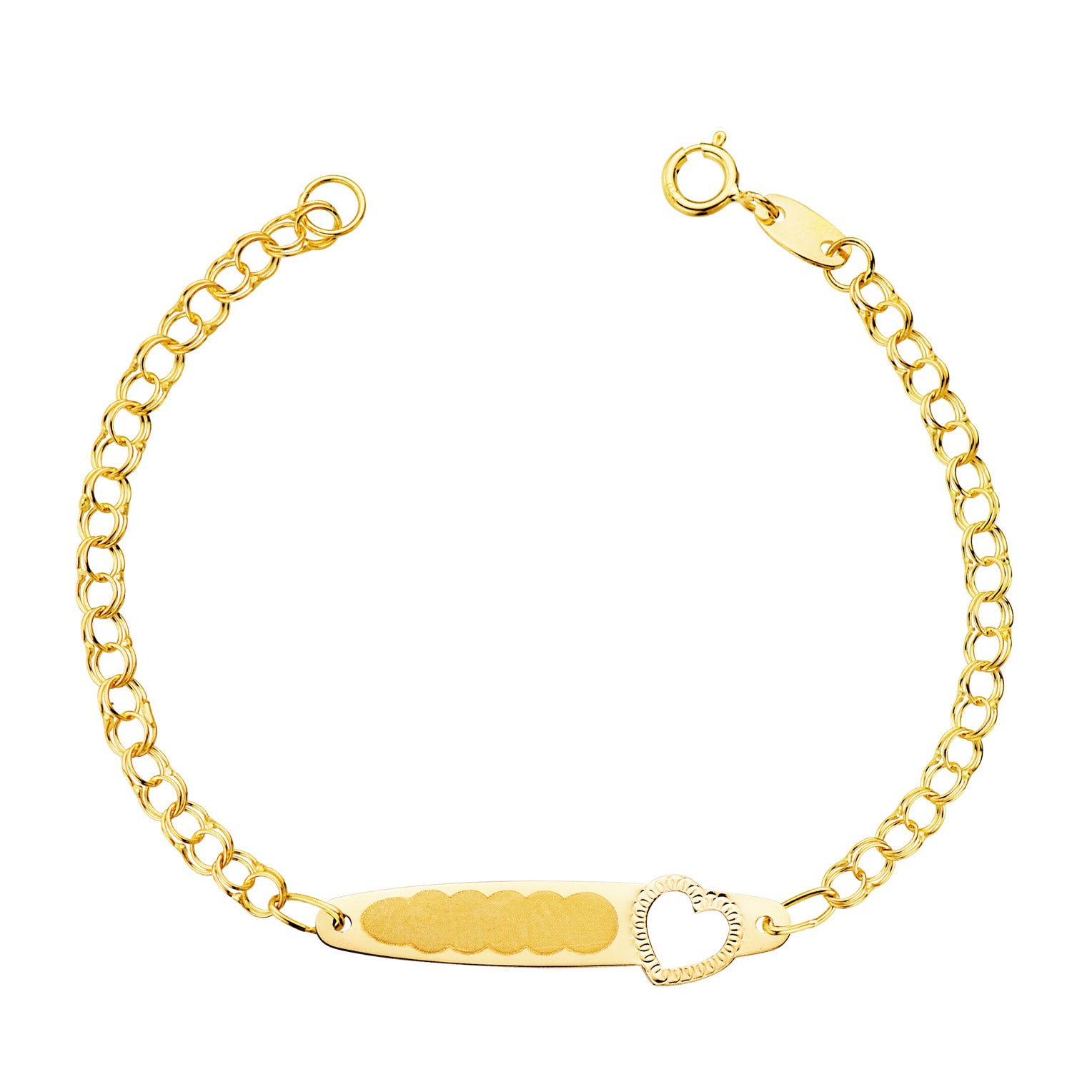 Esclava de oro 18k para bebé, eslabón húngaro con un corazón tallado en la placa, 13cm