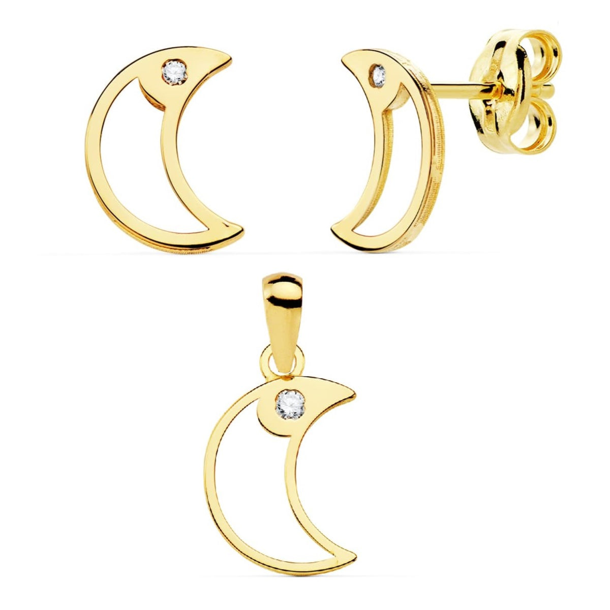 Conjunto de oro 18k en forma de luna calada con circonita