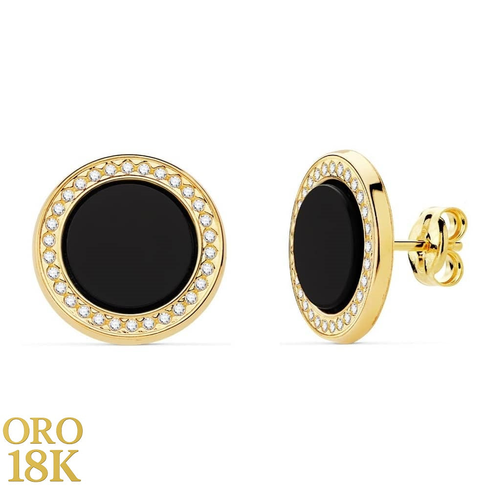 PENDIENTES ORO 12 MM CON PIEDRA ÓNIX Y CIRCONITAS