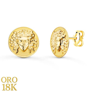 PENDIENTES ORO AMARILLO REDONDOS CON MEDUSA 12 MM BRILLO Y MATE