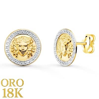 PENDIENTES ORO BICOLOR MEDUSA Y BORDE DE GRECA 12 MM 