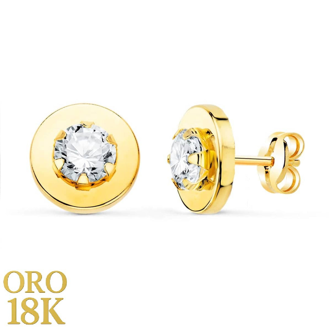 Par de pendientes de oro de ley 18k con cerco liso y circonita, miden 7mm