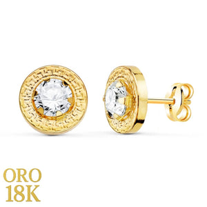 Par de pendientes de oro blanco de ley 18k con cerco de greca y circonita, miden 8,5mm