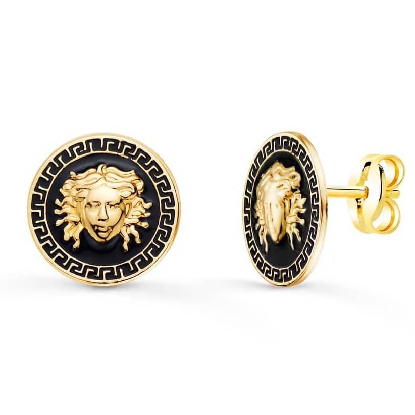 18K PENDIENTES ORO MEDUSA Y BORDE DE GRECA CON ESMALTADO NEGRO 12 MM CIERRE PRESION