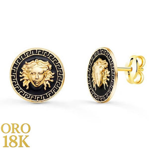 PENDIENTES ORO MEDUSA Y BORDE DE GRECA CON ESMALTADO NEGRO 12 MM CIERRE PRESION