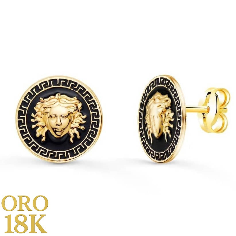 PENDIENTES ORO MEDUSA Y BORDE DE GRECA CON ESMALTADO NEGRO 12 MM CIERRE PRESION