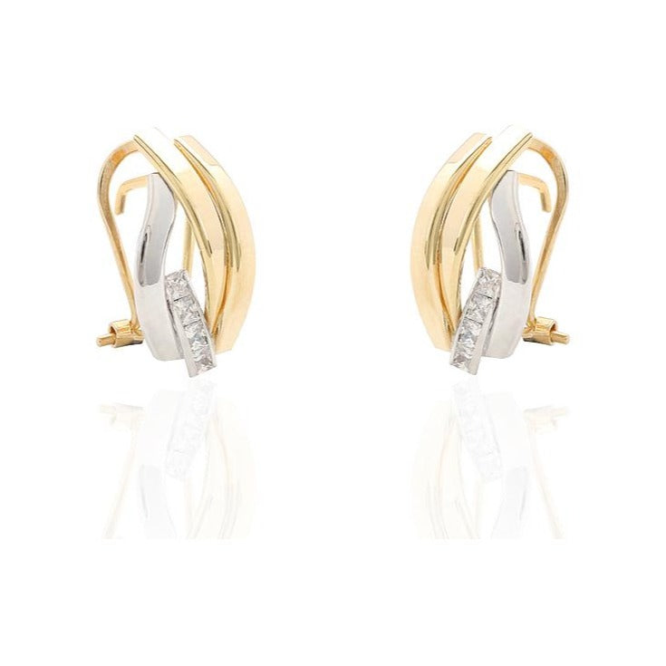 Pendientes de oro amarillo y blanco de 18 quilates con circonitas y cierre omega
