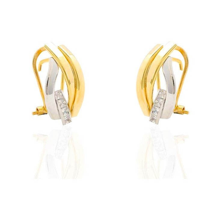 Pendientes de oro amarillo y blanco de 18 quilates con circonitas y cierre omega